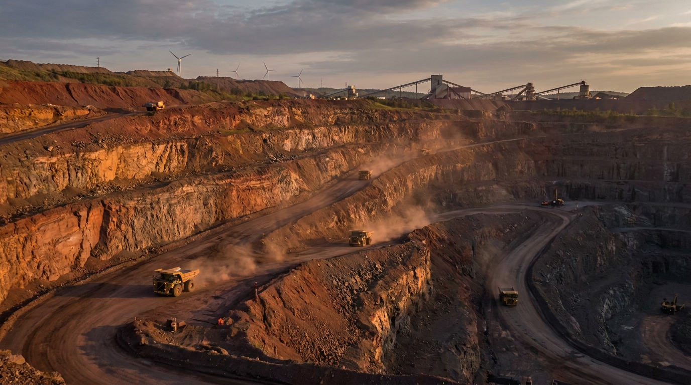 Iron mine in Minnesota's Iron Range with heavy machinery for decarbonized steel pellets