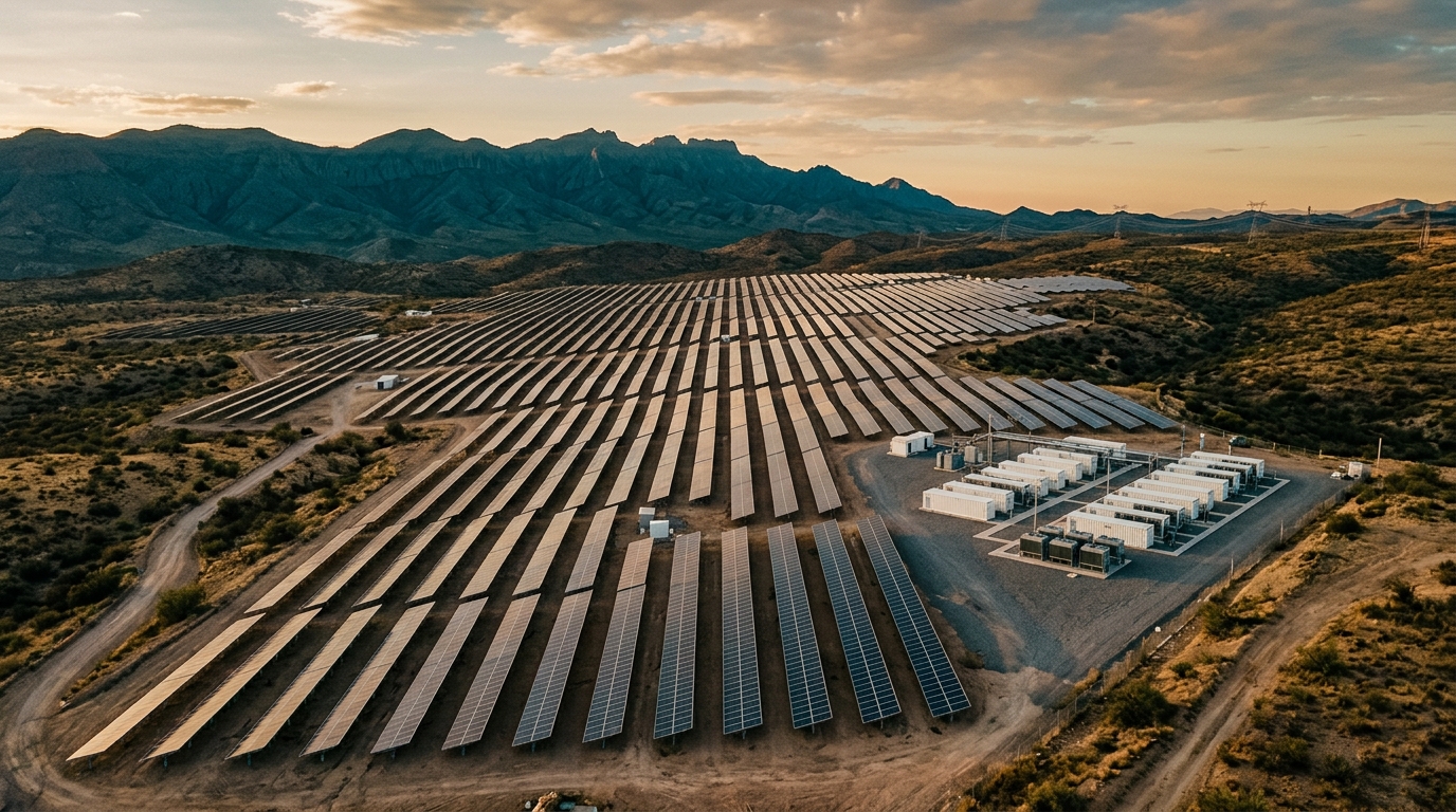 Plataforma solar Yeltica Energy con baterías en el norte de México al atardecer