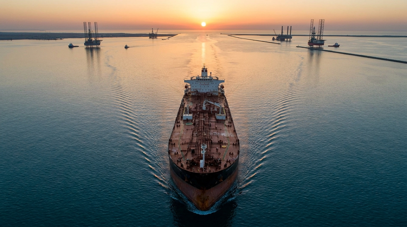 Buque petrolero surcando el Estrecho de Ormuz al atardecer con plataformas marinas al fondo