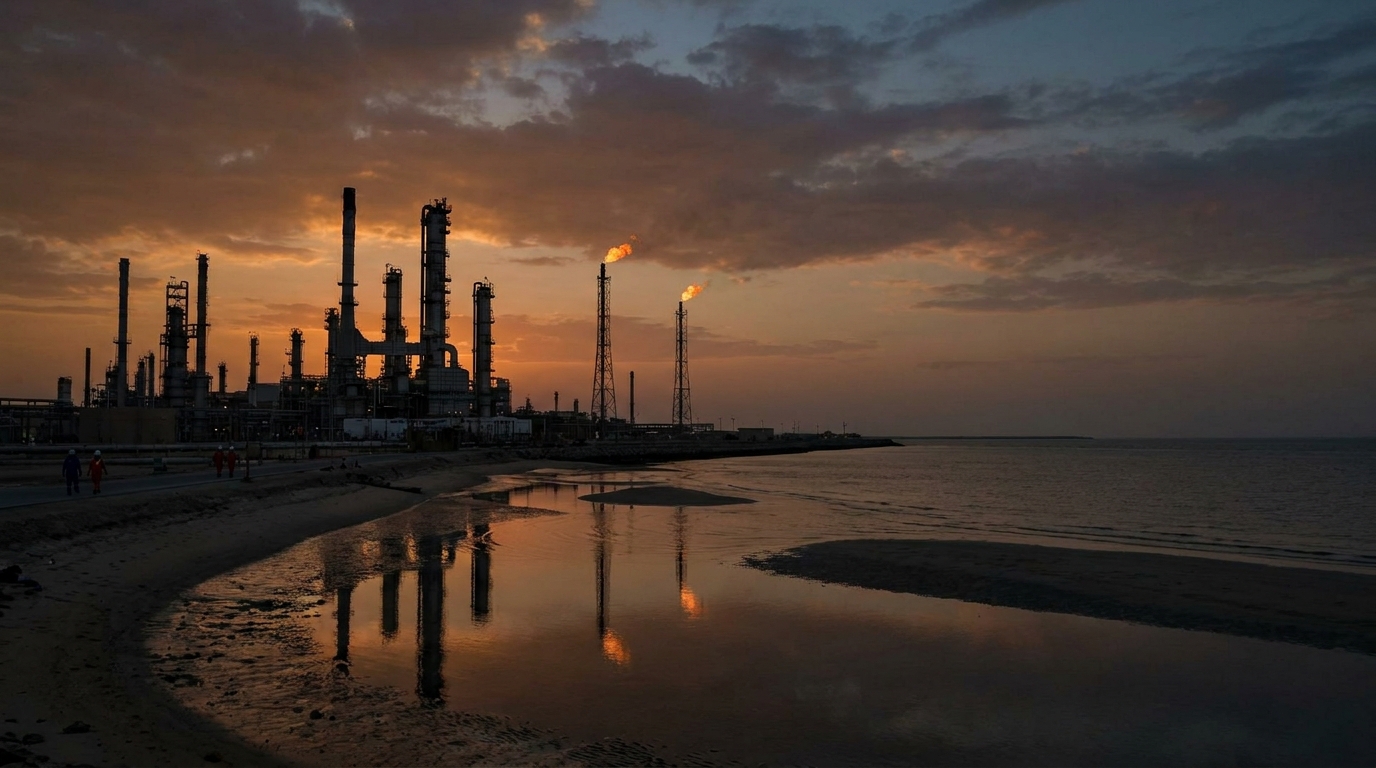 Complejo petrolero con chimeneas de flare al atardecer en la costa del Golfo Pérsico