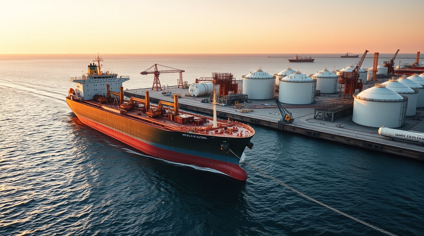 Refined products tanker docked at an industrial port terminal at dawn