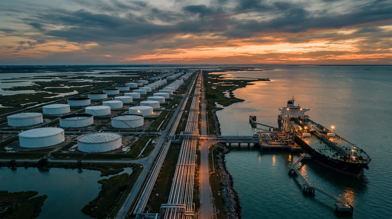 Crude oil tanks and tanker ships at a port terminal, global crude supply