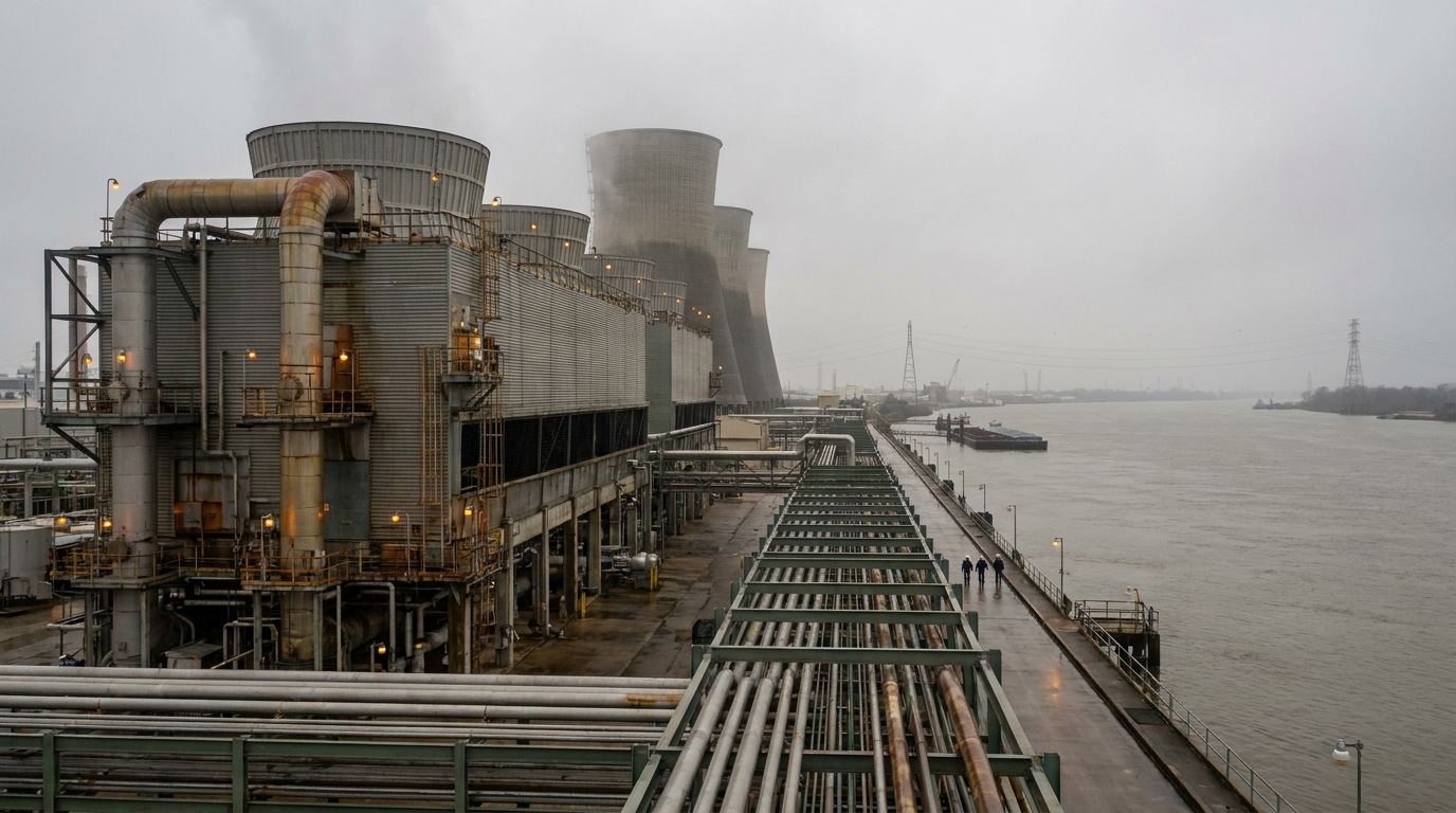 Industrial natural gas complex with steam methane reforming towers and carbon capture infrastructure on the Louisiana Gulf Coast