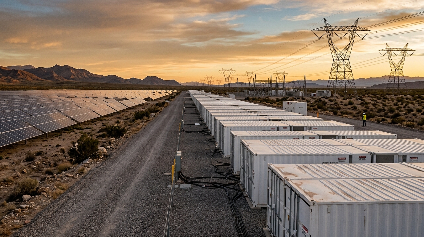 Hybrid solar farm with rows of battery storage units in the United States at sunset