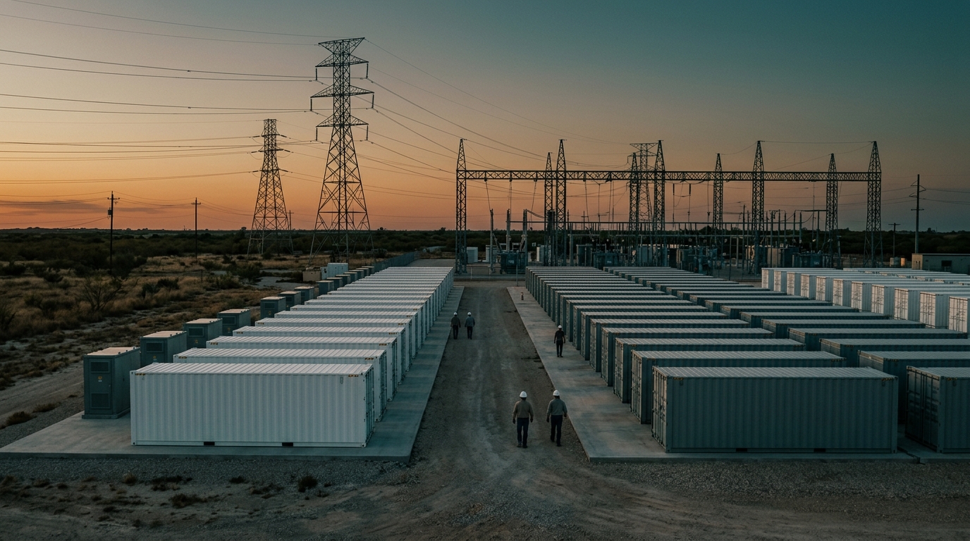 Contenedores de almacenamiento en baterías en subestación con torres de transmisión