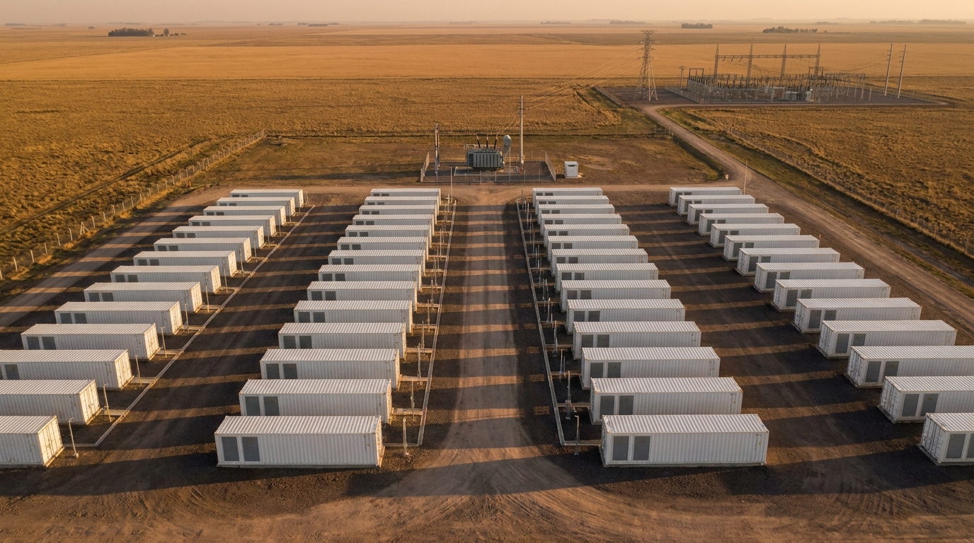 Sistema de almacenamiento BESS en paisaje industrial argentino al atardecer