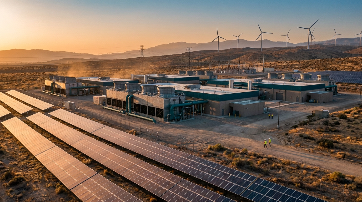 Paneles solares y turbinas eólicas junto a centro de datos de AWS
