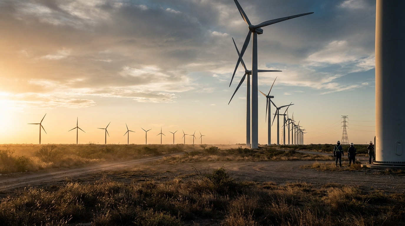 Parque eólico con aerogeneradores en Tamaulipas al atardecer, energía eólica México