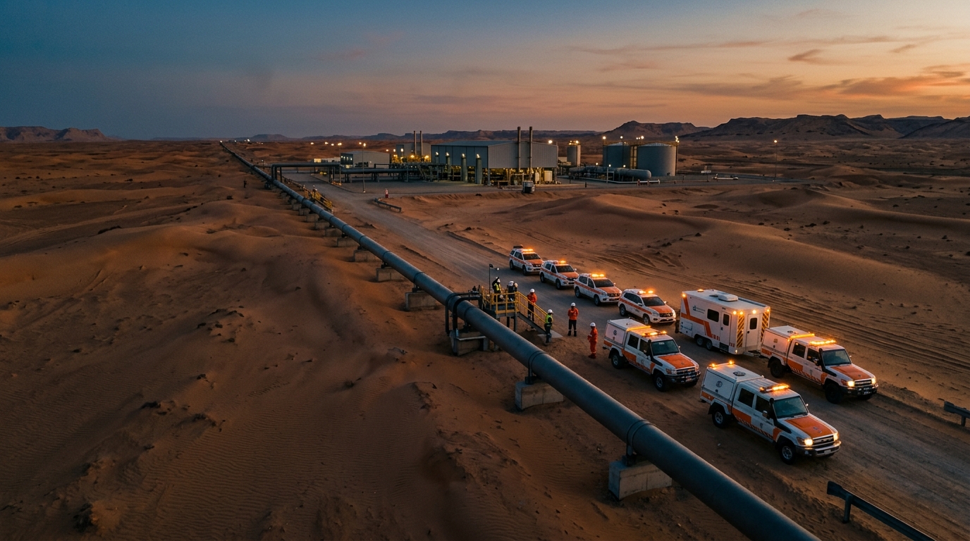 Estación de bombeo del oleoducto Este-Oeste en el desierto al atardecer
