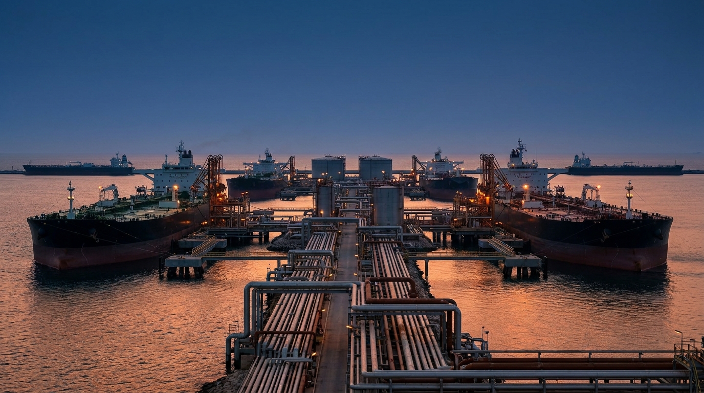 Terminal petrolera Ras Tanura con superpetroleros cargando crudo al atardecer en el Golfo Pérsico