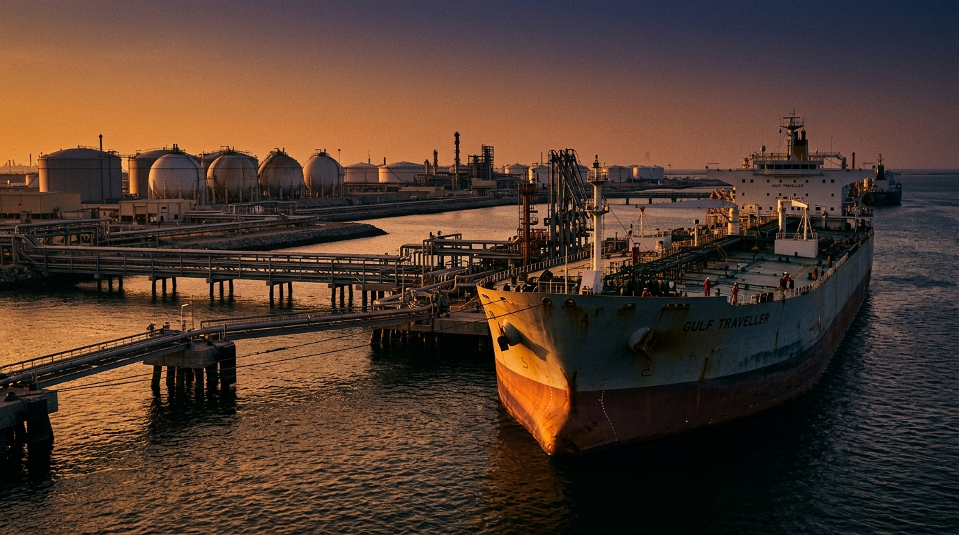 Aramco crude export terminal with an oil tanker at berth