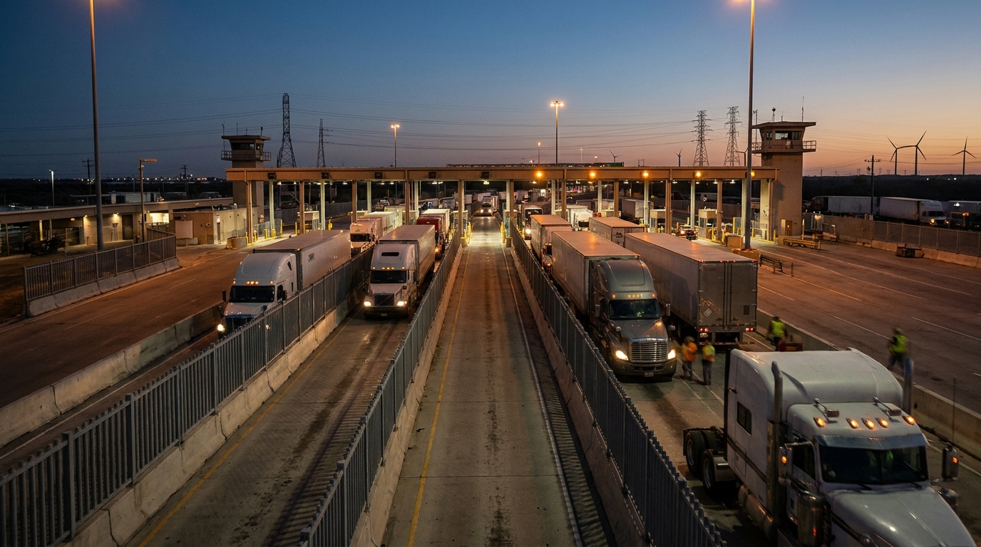 Border crossing infrastructure with freight trucks at sunset, Mexico-United States trade