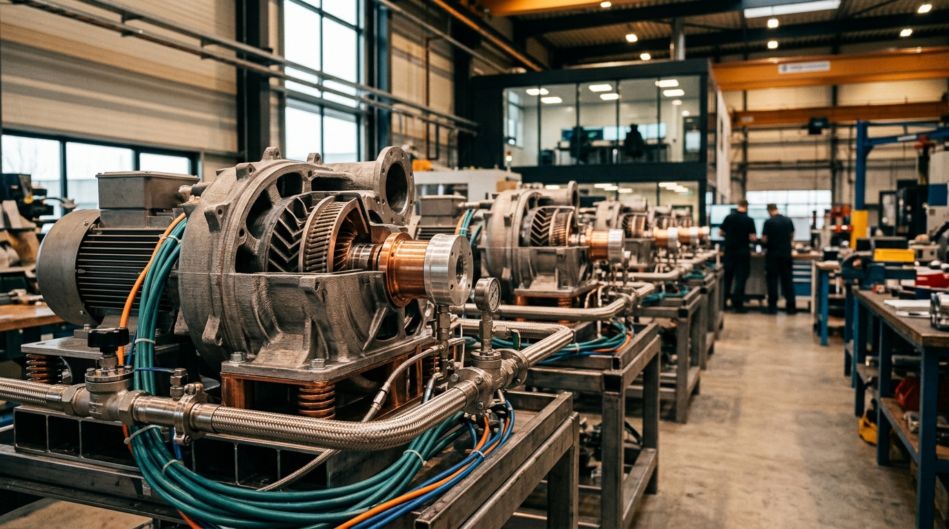 Modular turbines in an industrial plant with a data center in the background