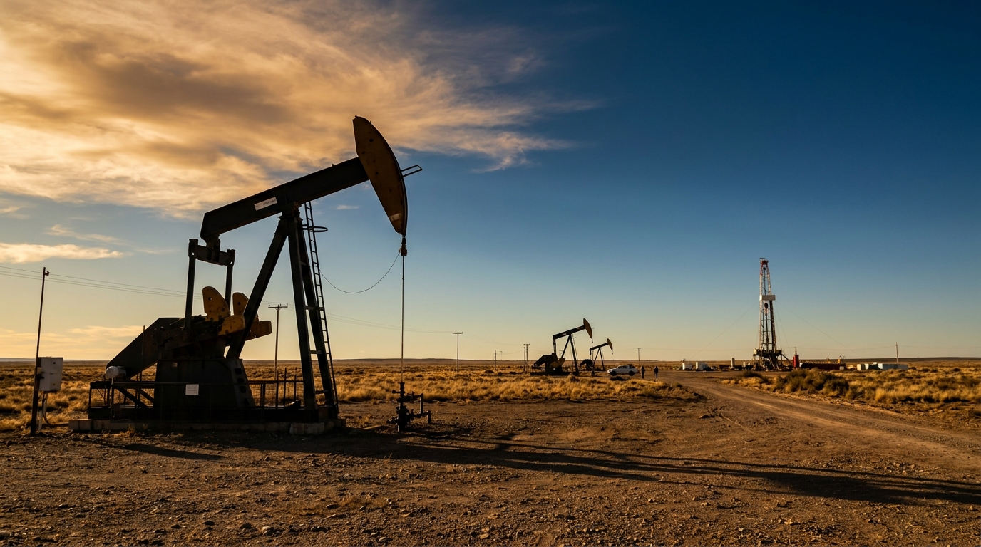 Oil extraction pumps in the arid Vaca Muerta landscape, Neuquén, at sunset
