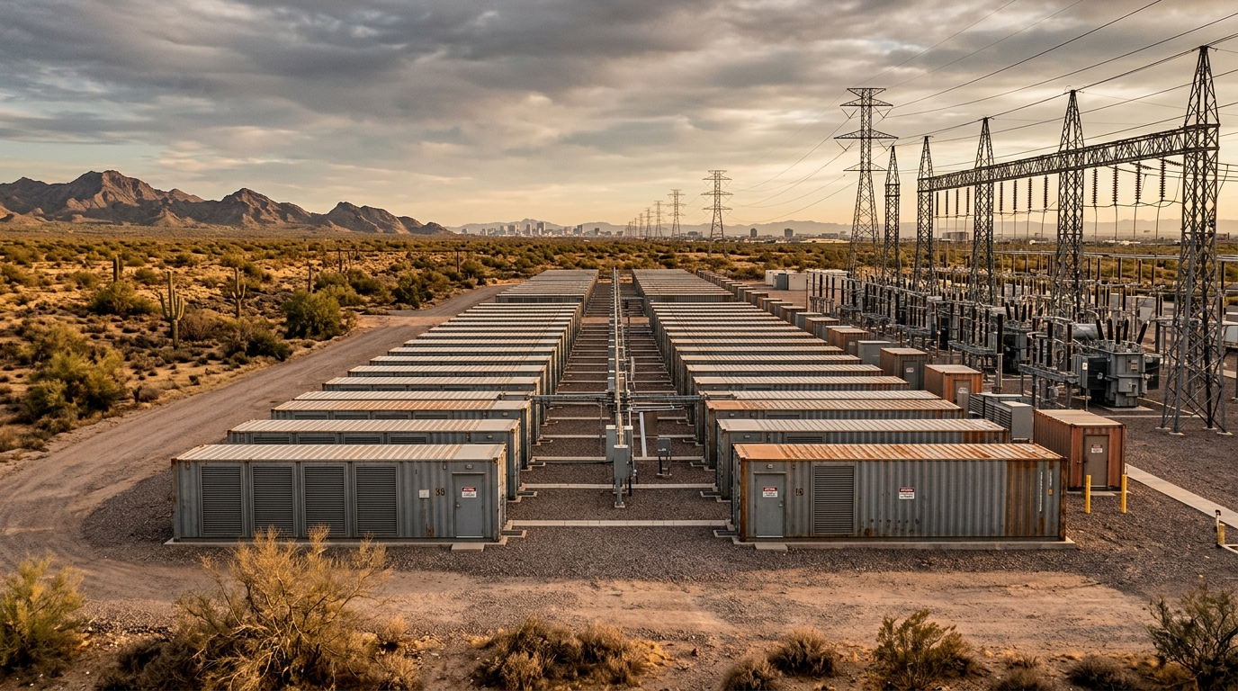 Campo de contenedores de baterías de red en Arizona bajo cielo despejado