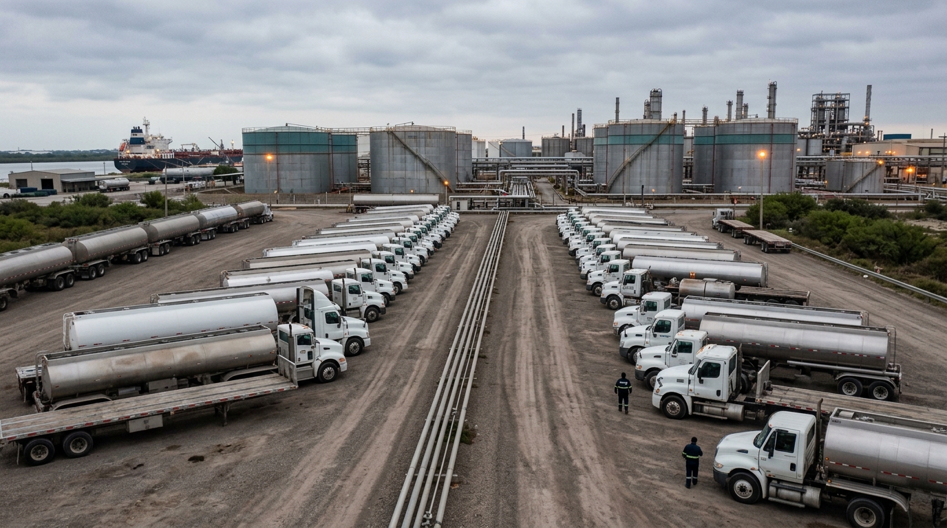 Distributor yard with seized diesel, semi-trucks, and trailers in Altamira