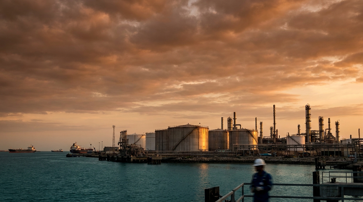 Tanques de almacenamiento de petróleo en puerto industrial del Golfo al atardecer