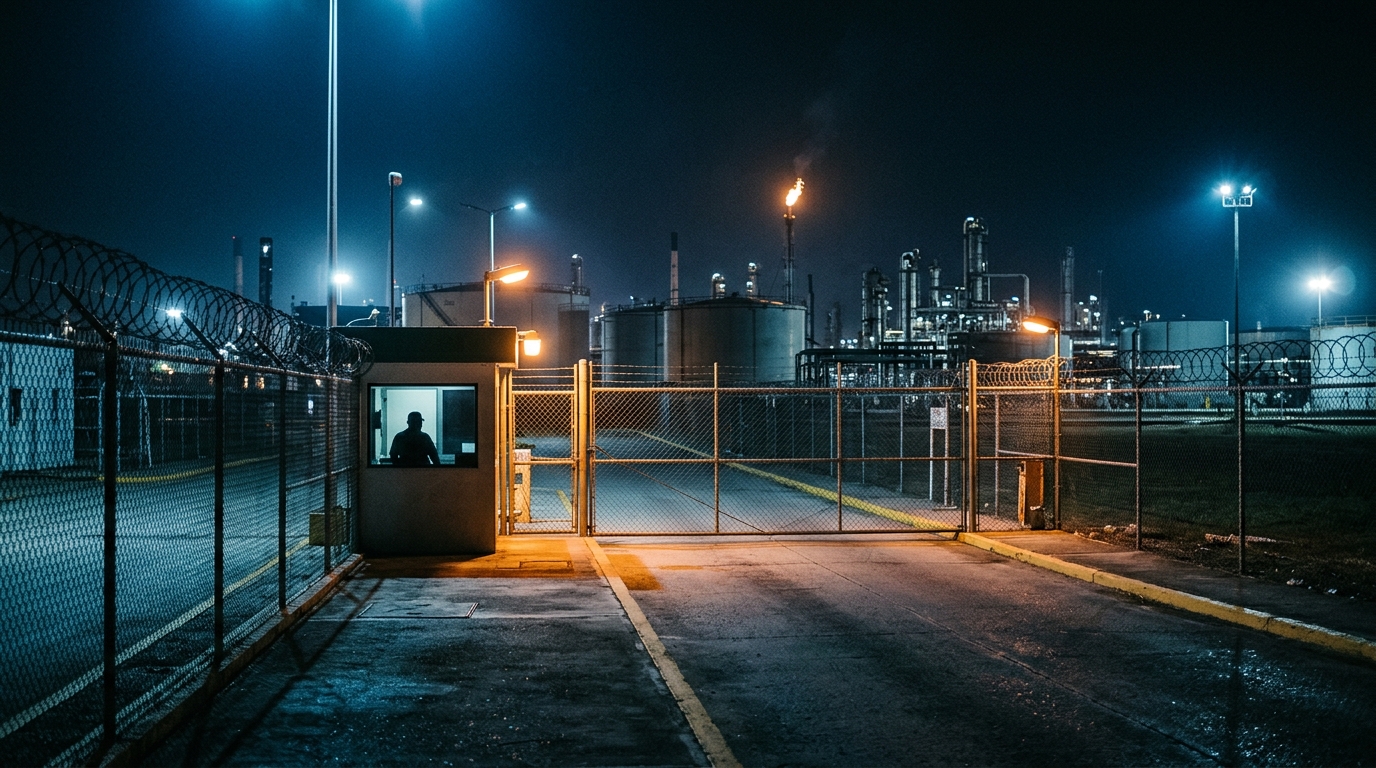 Portada norte de la refinería de Pemex en Minatitlán bajo vigilancia policial