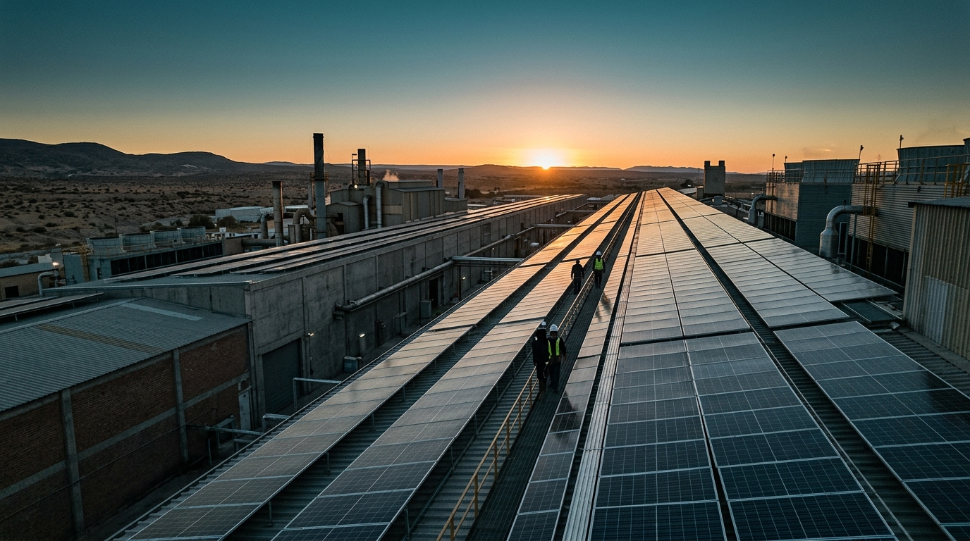 Industrial solar panels on factory rooftop, Atera Energy project in Mexico
