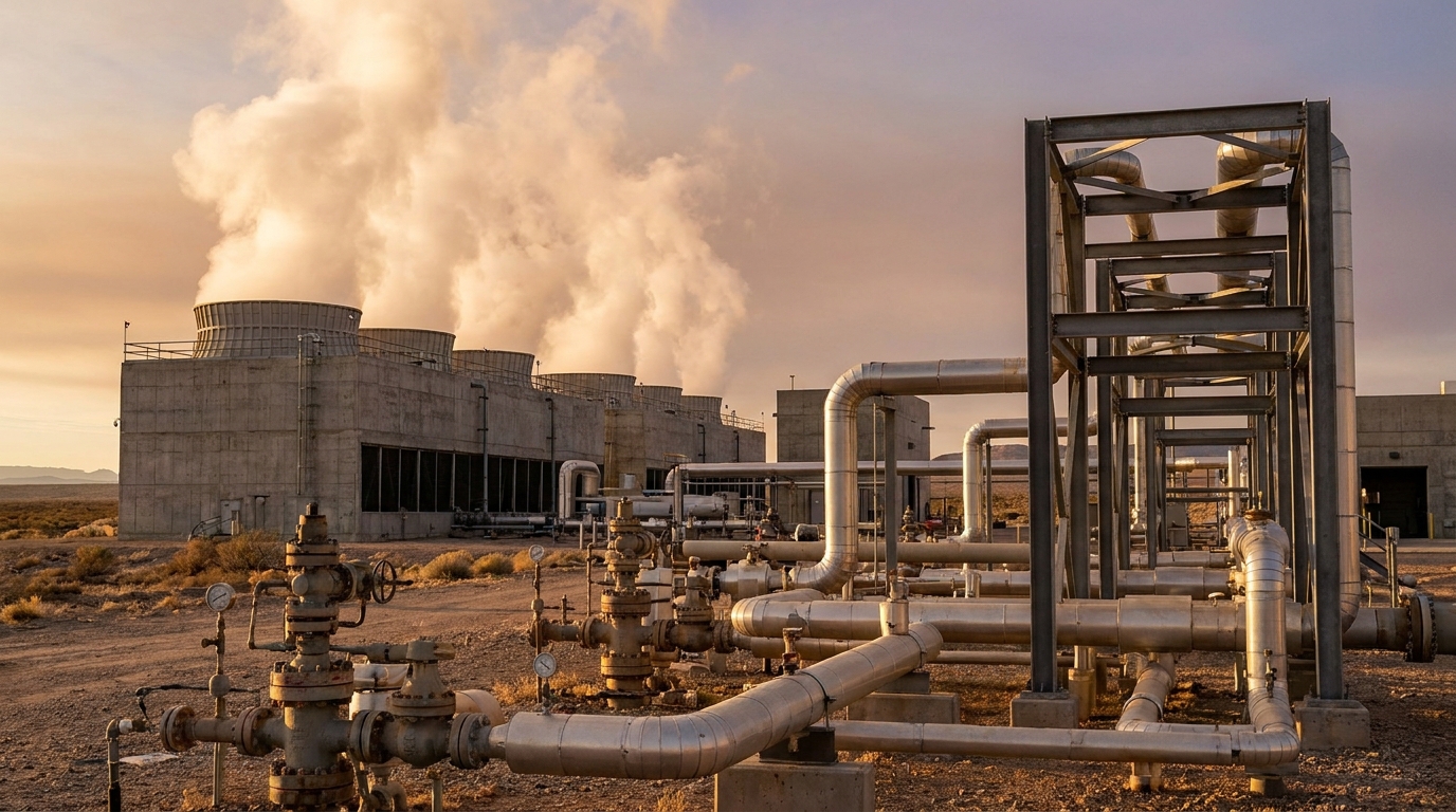 Torres de enfriamiento de planta geotérmica con vapor en paisaje desértico al atardecer en Norteamérica