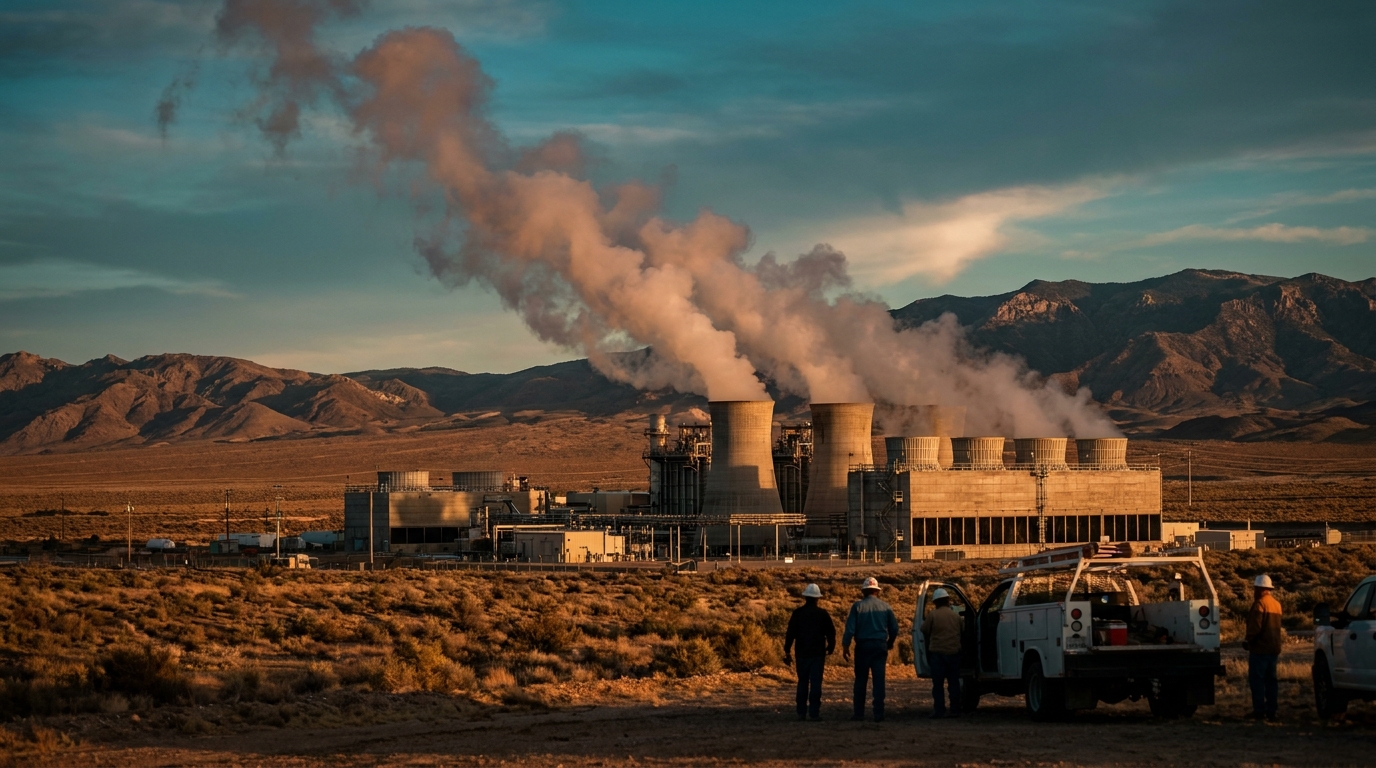 Planta geotérmica con torres de enfriamiento y penachos de vapor en cuenca desértica al atardecer