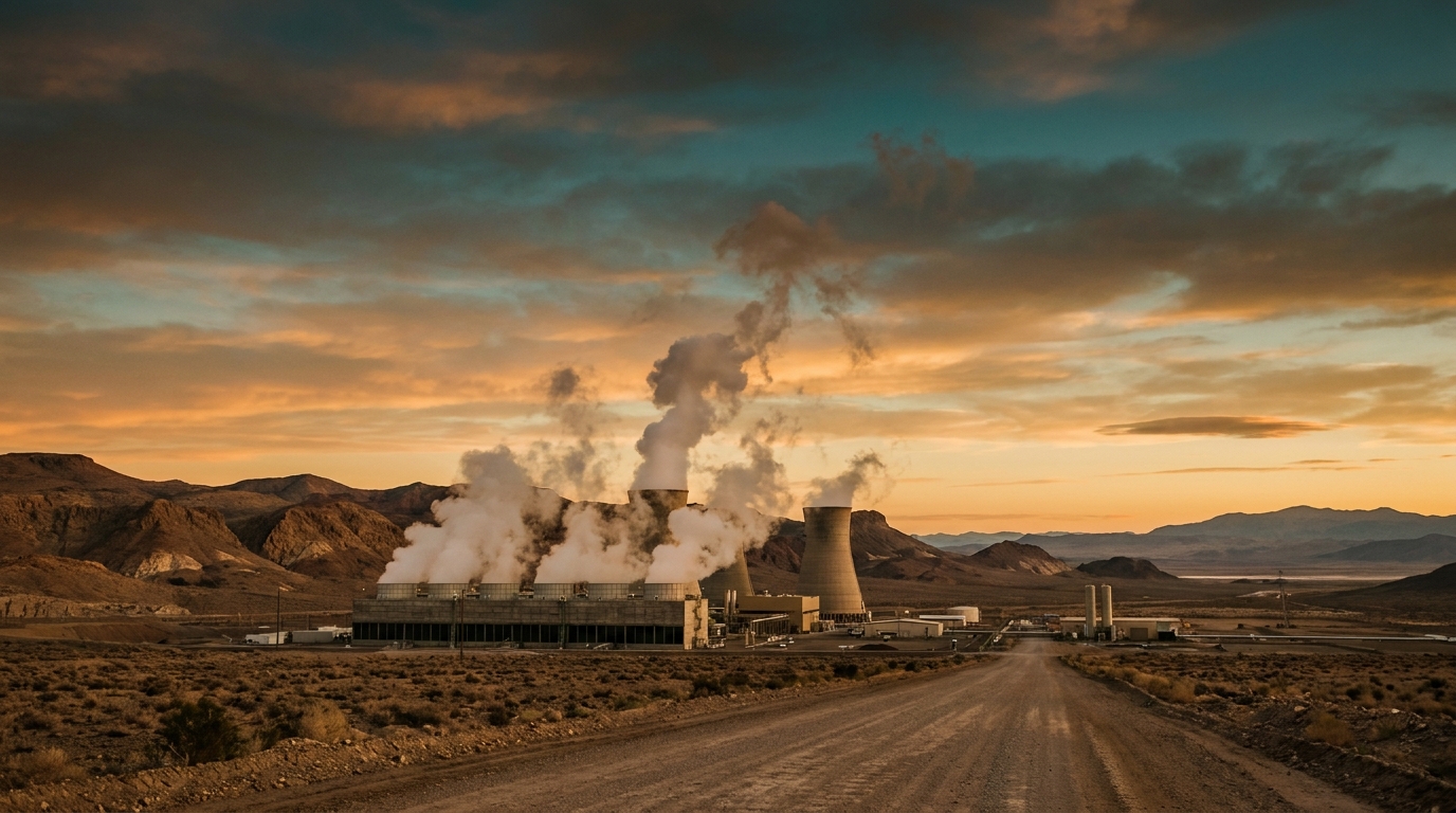 Planta geotérmica con torres de enfriamiento y plumas de vapor en paisaje desértico al atardecer