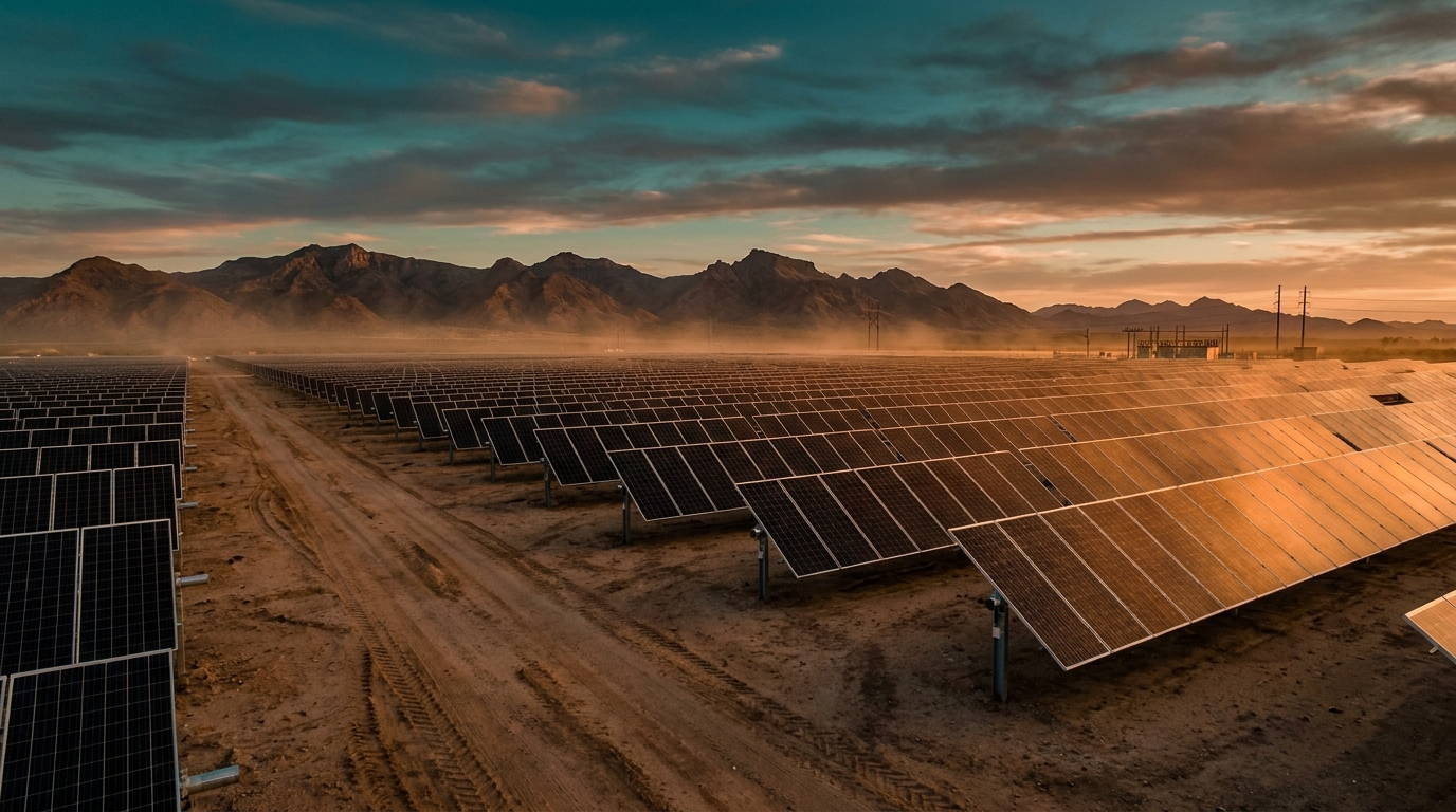 Parque solar en desierto mexicano con filas de paneles fotovoltaicos bajo cielo despejado y montañas al fondo