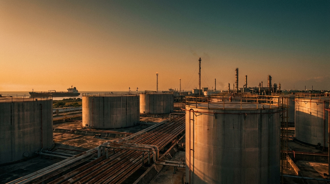 Pemex crude storage tanks and pipelines at sunset in the Gulf of Mexico