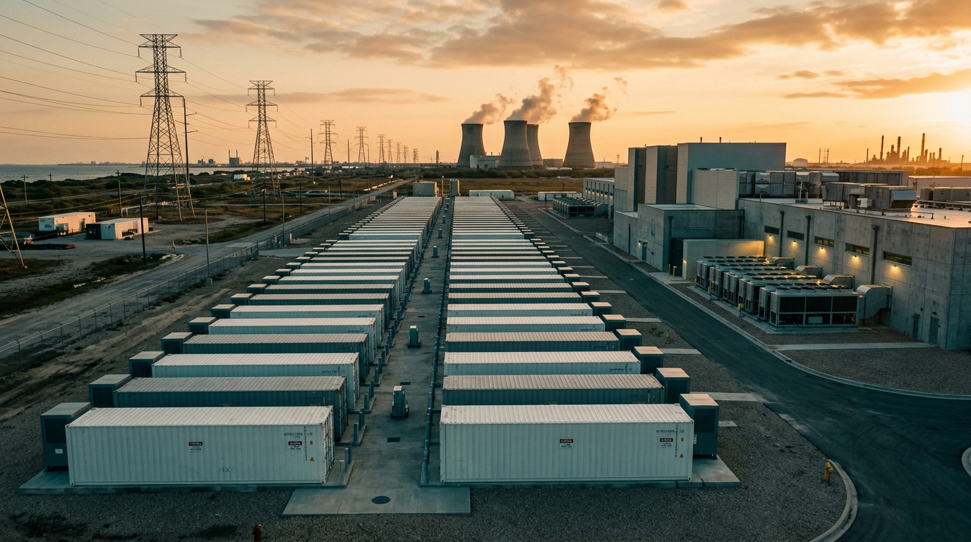 BESS in containers next to a data center with cooling towers