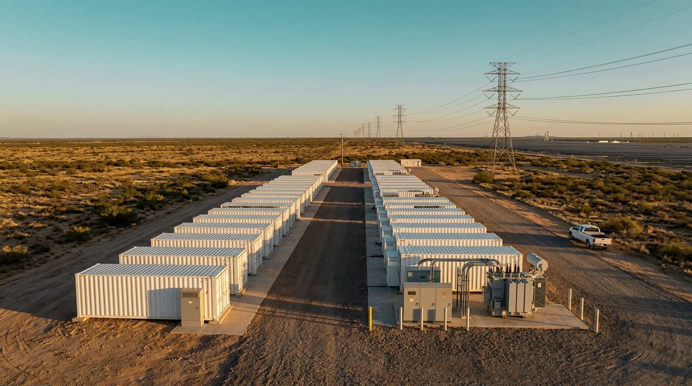 Utility-scale battery storage with white containers in Texas