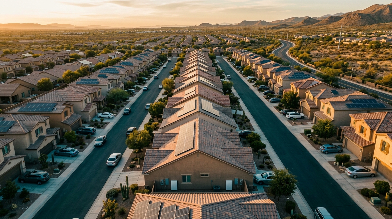 Baterías de almacenamiento junto a paneles de solar residencial en techos de un barrio