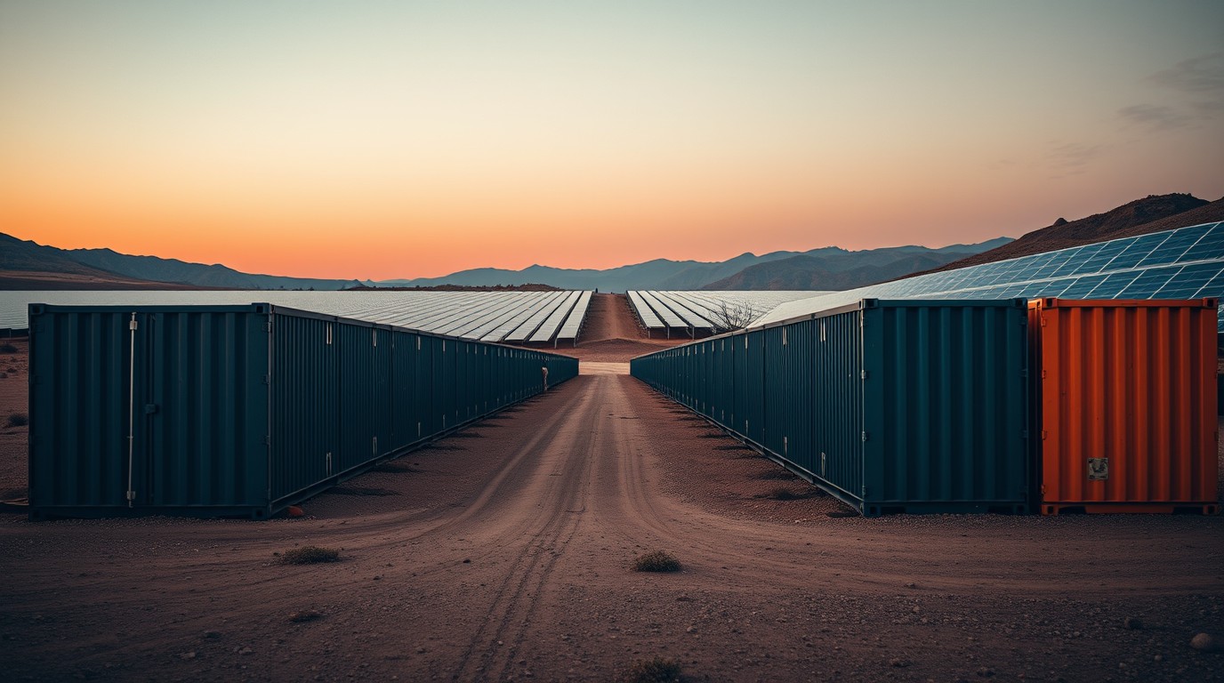 Almacenamiento de baterías en contenedores junto a un parque solar al atardecer