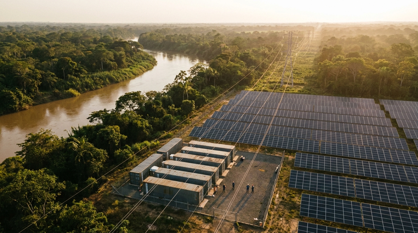 Paneles solares con baterías en comunidad amazónica boliviana junto a torres de transmisión eléctrica
