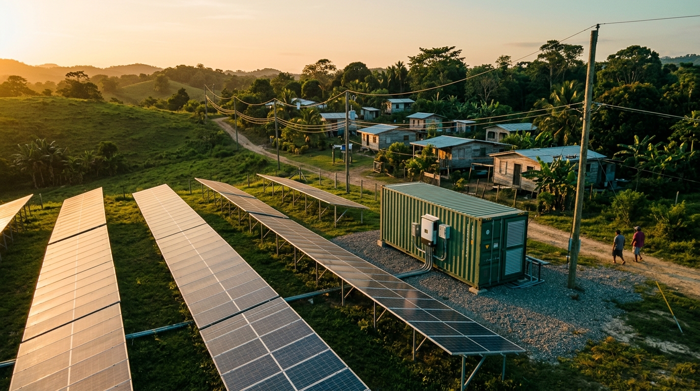 Minirred solar con paneles fotovoltaicos y baterías en comunidad rural de Belice