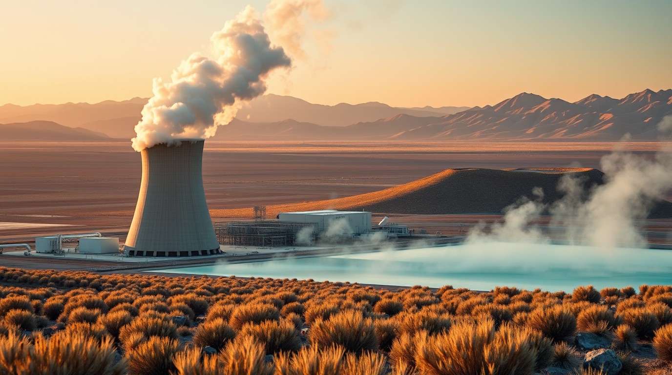 Torres de enfriamiento de planta geotérmica con vapor sobre paisaje desértico de Nevada