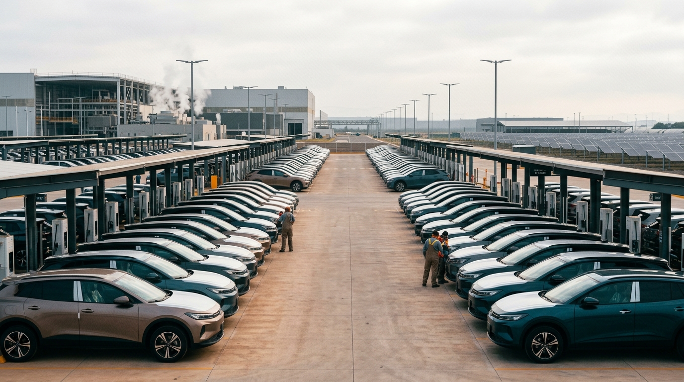 Assembly line with new electric vehicles in a delivery yard