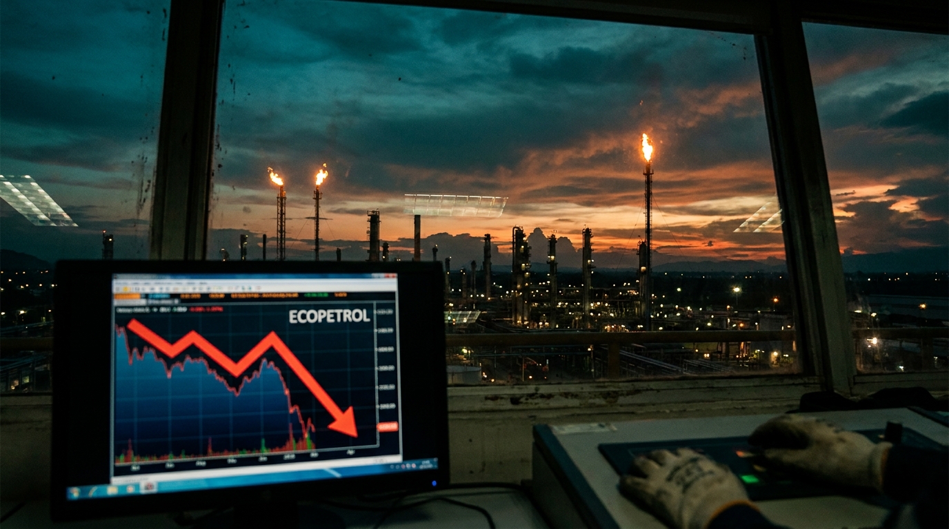 Pantalla bursátil con cotización de Ecopetrol en descenso frente a complejo industrial petrolero al atardecer