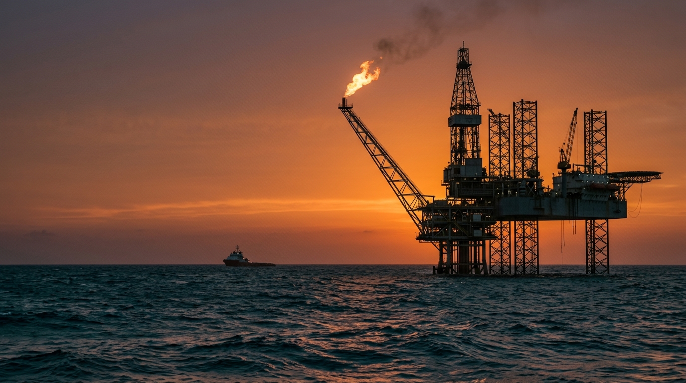 Offshore gas platform with flare burning in the Venezuelan Caribbean