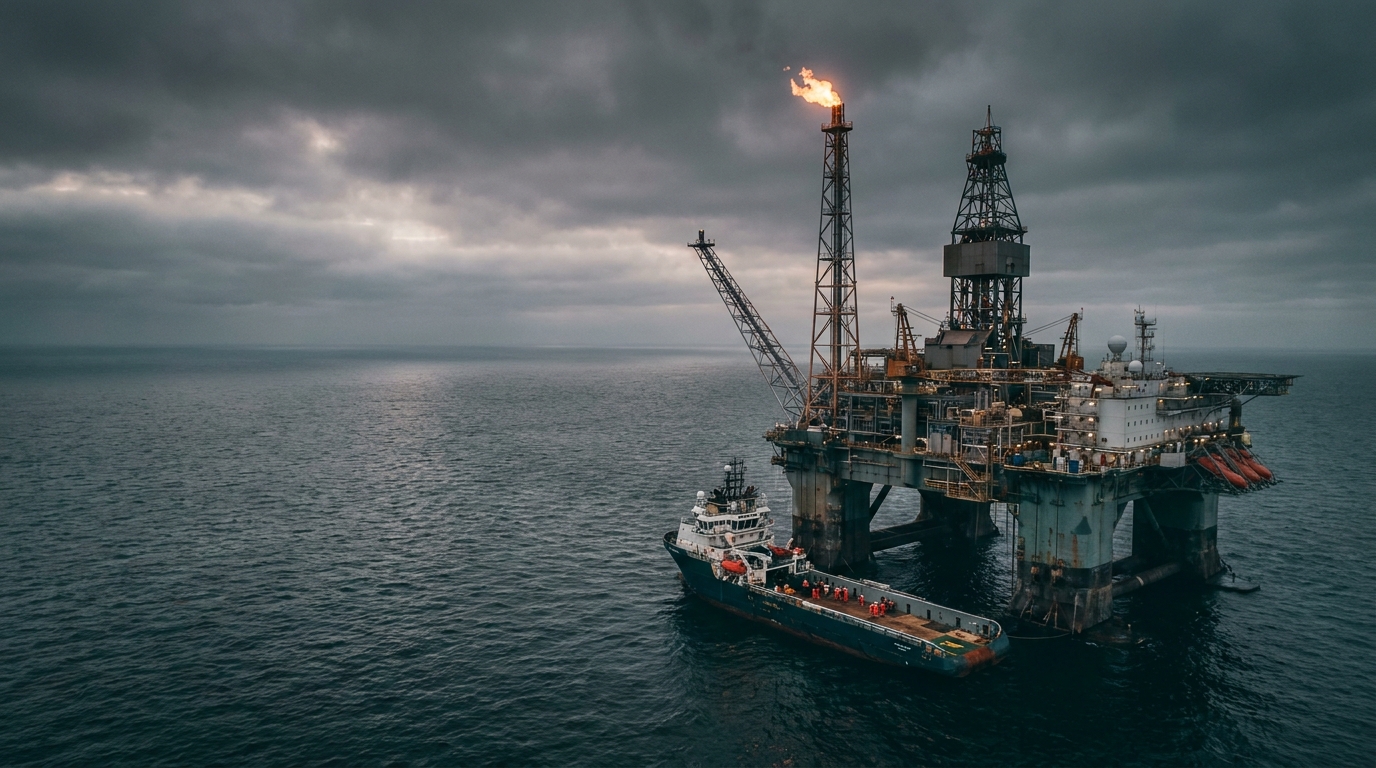 North Sea oil platform at dusk with processing lights