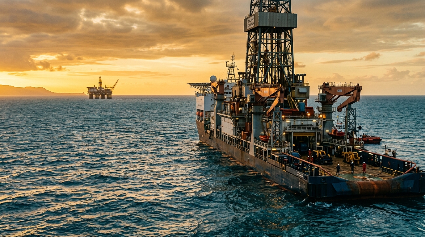 deepwater drilling vessel at the Calypso block offshore Trinidad at dawn