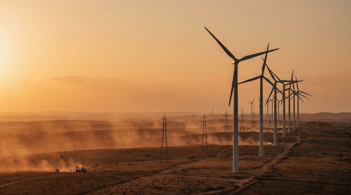 Parque eólico en el noreste de Brasil con aerogeneradores al atardecer y líneas de transmisión