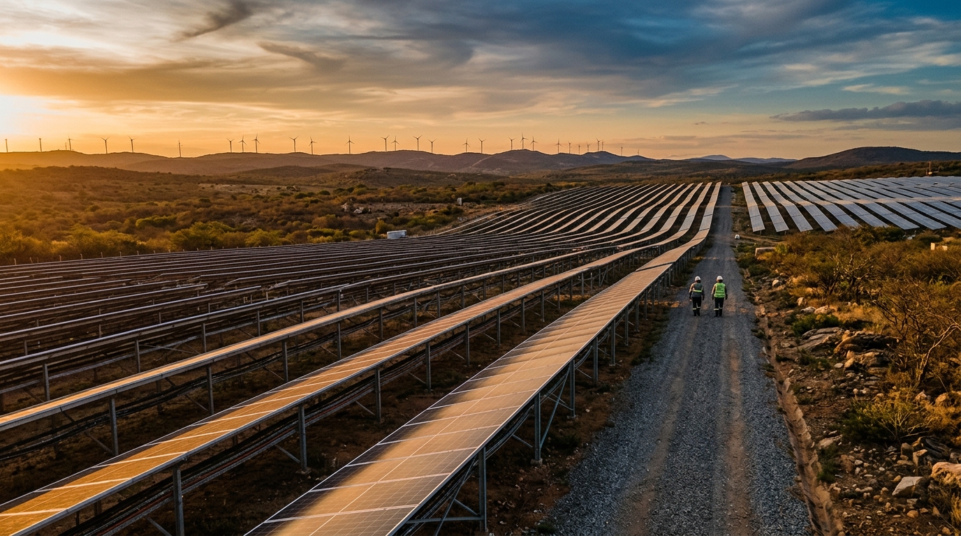 Curtailment compensation in Brazil: solar park and wind turbines at sunset