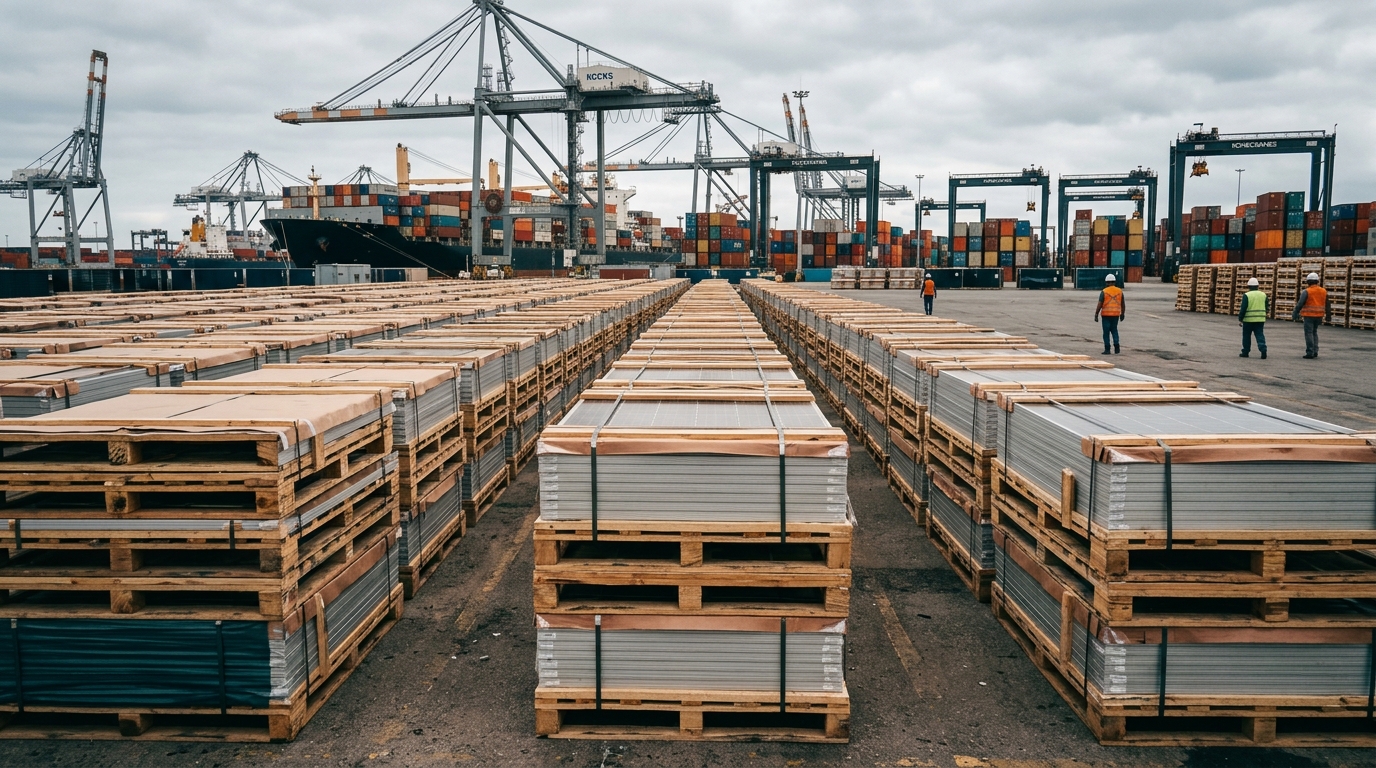 Imported solar modules stacked in a Brazilian port yard with cranes and containers in the background