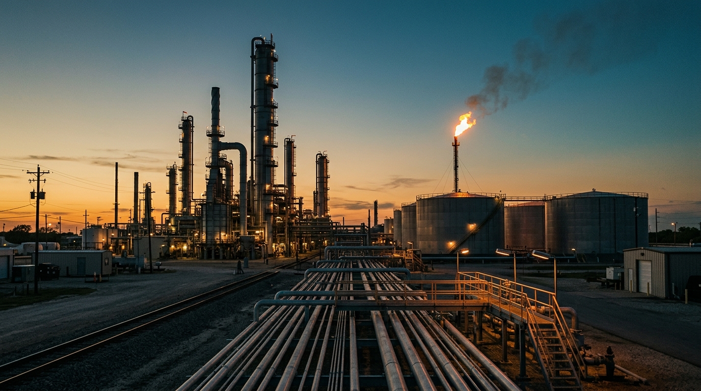 Refinery distillation columns with storage tanks, Brent prices near $100