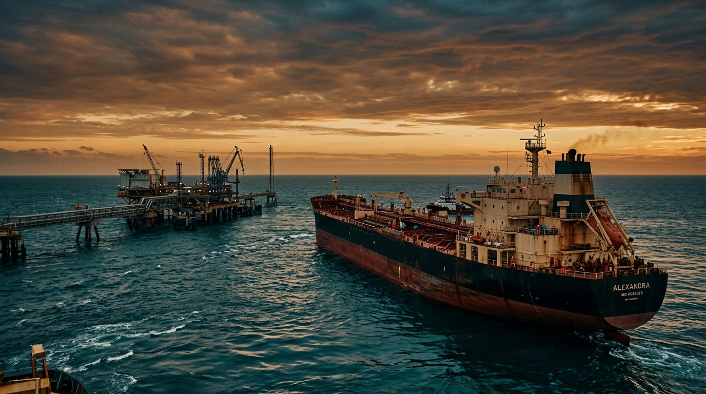 Buque tanque cruzando aguas del Golfo cerca de terminal petrolera, precio del Brent