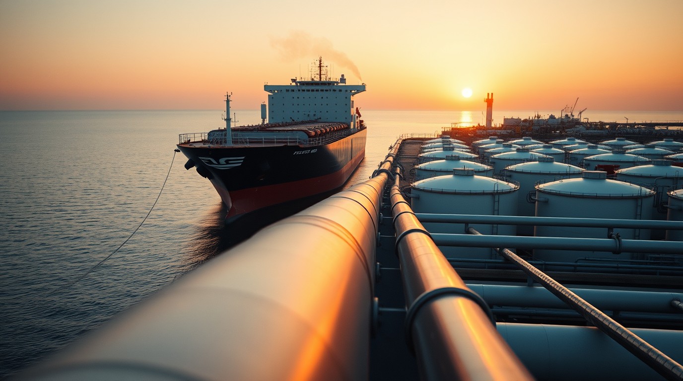 Buque tanquero y tanques de almacenamiento reflejan el precio del petróleo Brent