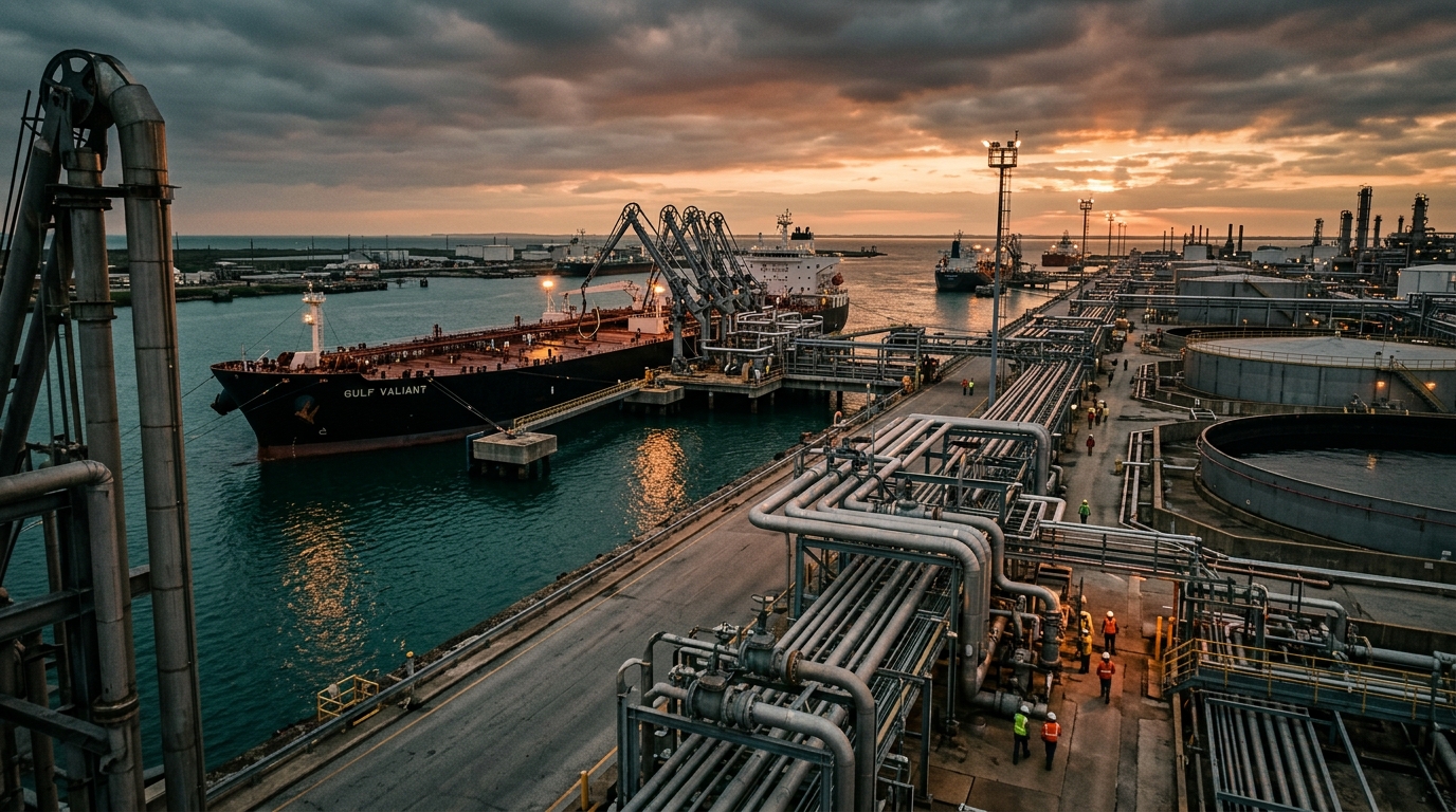 Terminal de crudo y buques tanque en el Golfo, precio del petróleo Brent