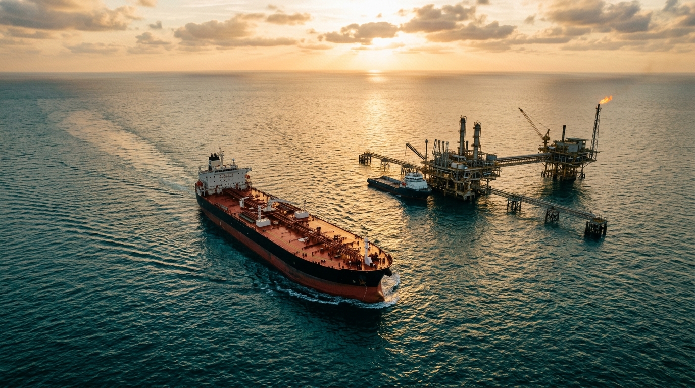 Oil platform in the Gulf with a tanker at sunset, Brent at $90