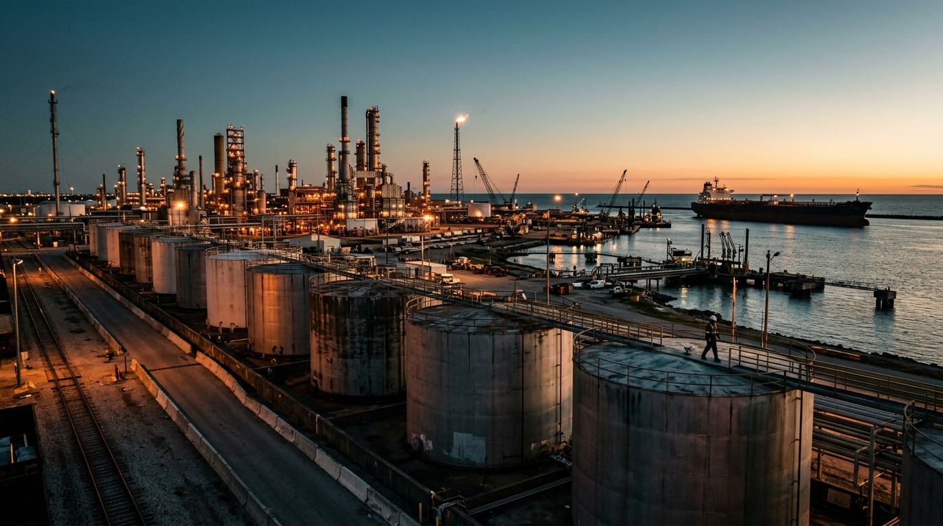 Rising Brent price, oil platform and tanker at dusk