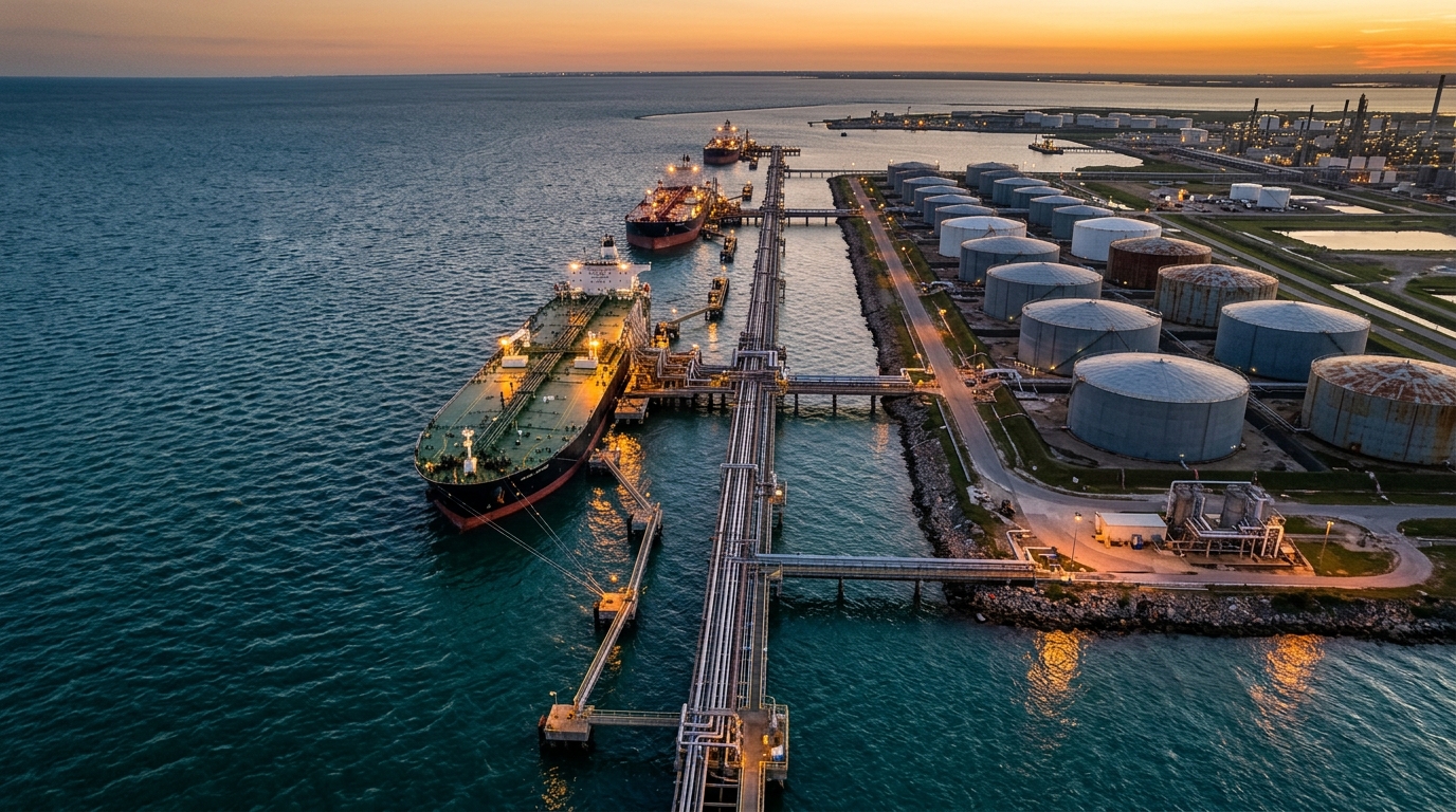 Buques tanque y terminal petrolera en el Golfo, referencia del precio del Brent